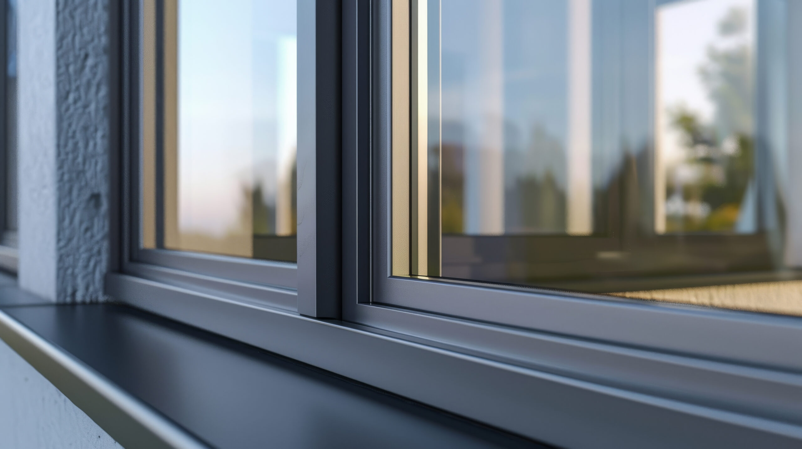 close up of modern glass windows with metal frames
